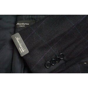 Sartorio Napoli Dark Blue Windowpane Flannel Wool Sport Coat Jacket Sz 40R New